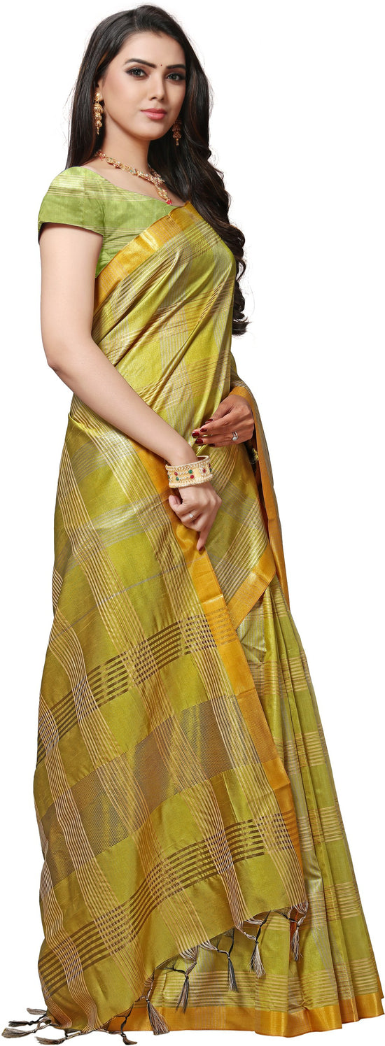 Yellow Checkered Silk Blend Saree