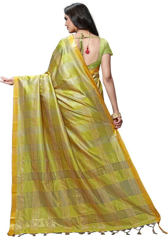 Yellow Checkered Silk Blend Saree