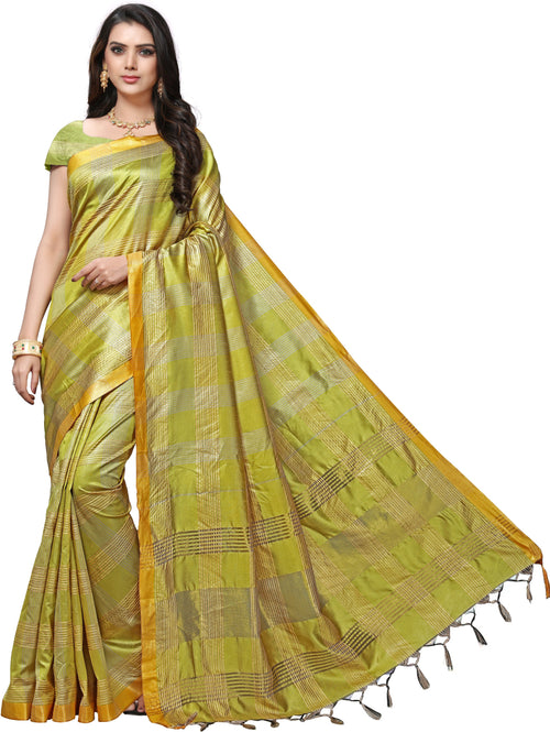 Yellow Checkered Silk Blend Saree