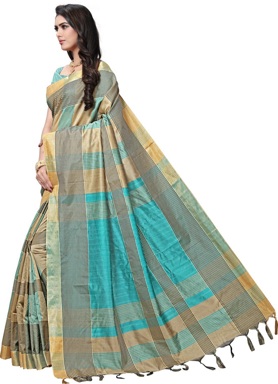 Beige Striped Silk Blend Saree