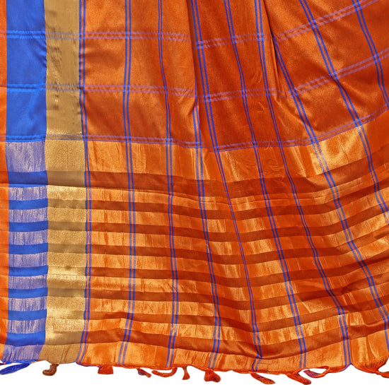 Orange Checkered Silk Blend Saree