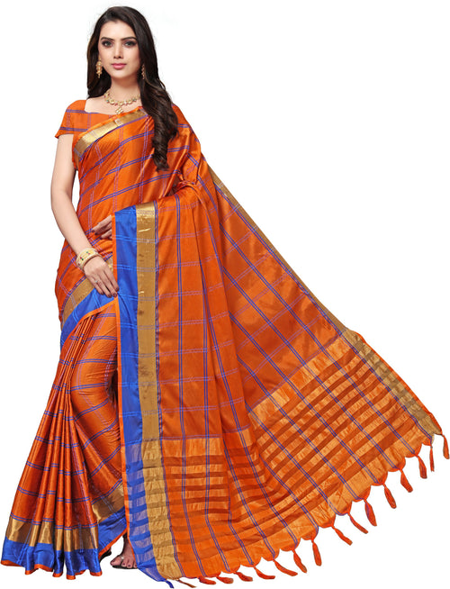 Orange Checkered Silk Blend Saree