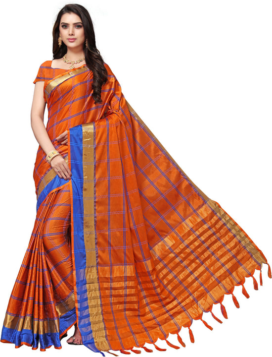 Orange Checkered Silk Blend Saree