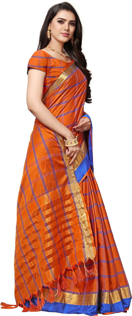 Orange Checkered Silk Blend Saree