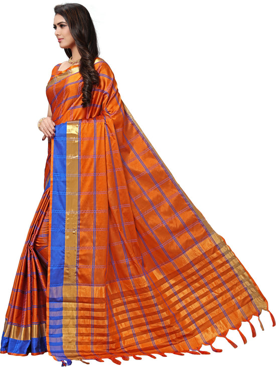 Orange Checkered Silk Blend Saree