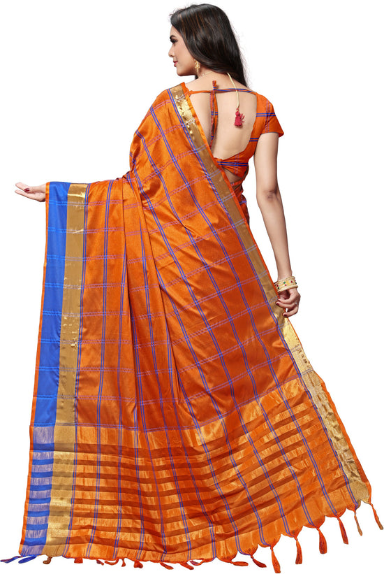 Orange Checkered Silk Blend Saree