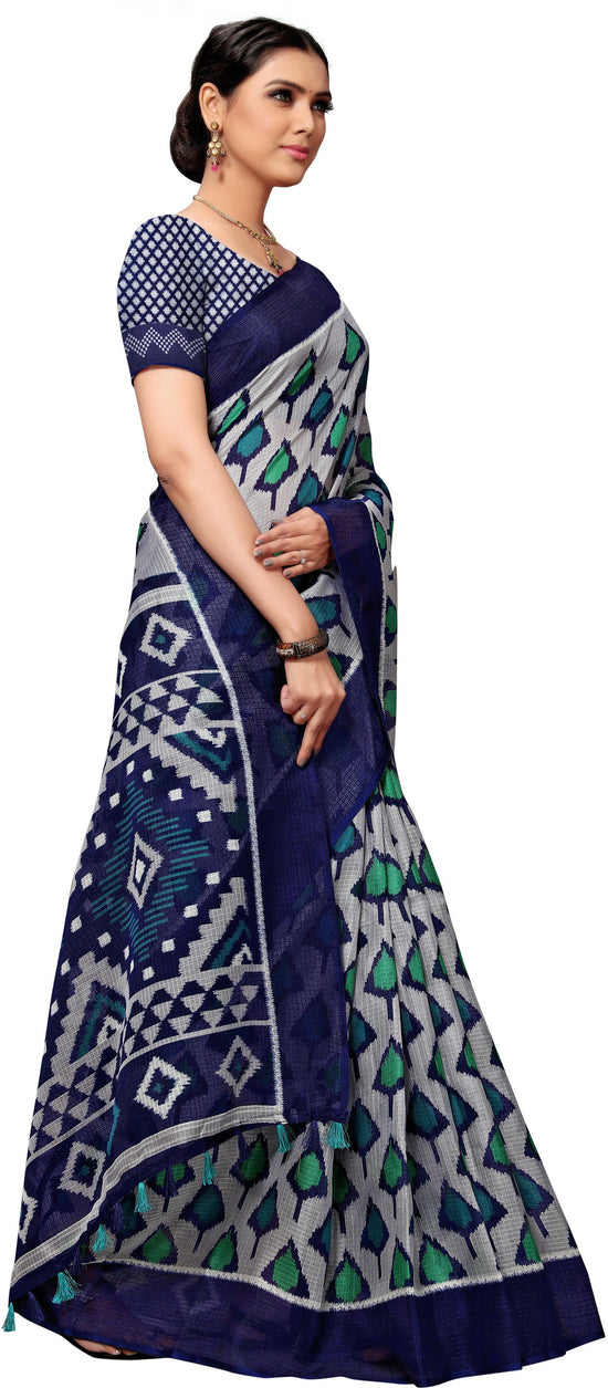 Dark Blue Printed Cotton Blend Saree