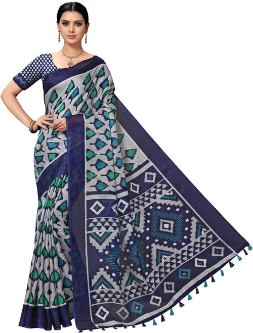 Dark Blue Printed Cotton Blend Saree