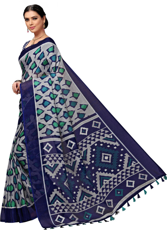 Dark Blue Printed Cotton Blend Saree