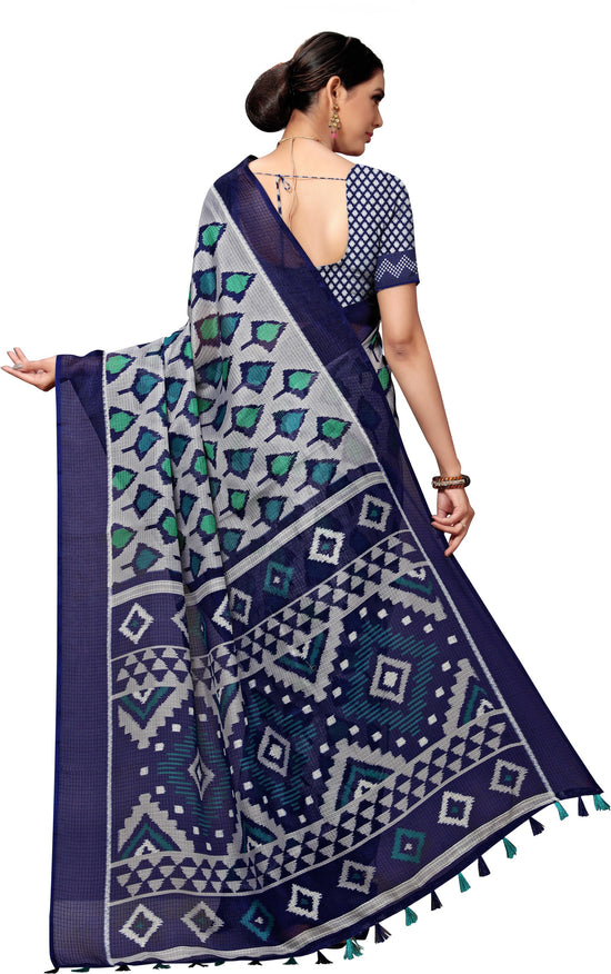 Dark Blue Printed Cotton Blend Saree