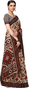 Brown Printed Cotton Blend Saree