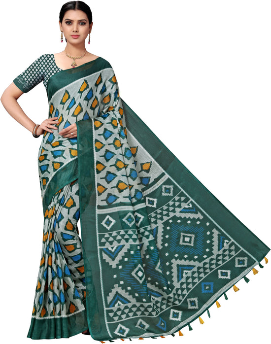 Dark Green Printed Cotton Blend Saree