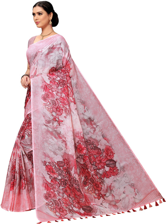 Pink Printed Cotton Blend Saree