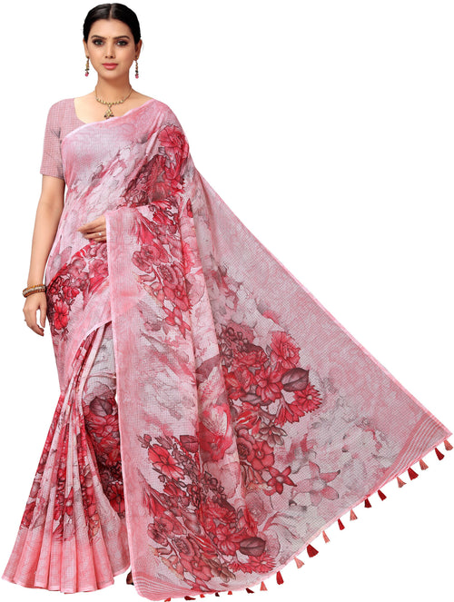 Pink Printed Cotton Blend Saree