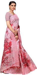 Pink Printed Cotton Blend Saree