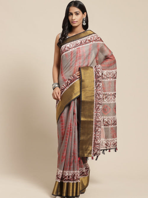 Grey Printed Cotton Blend Saree