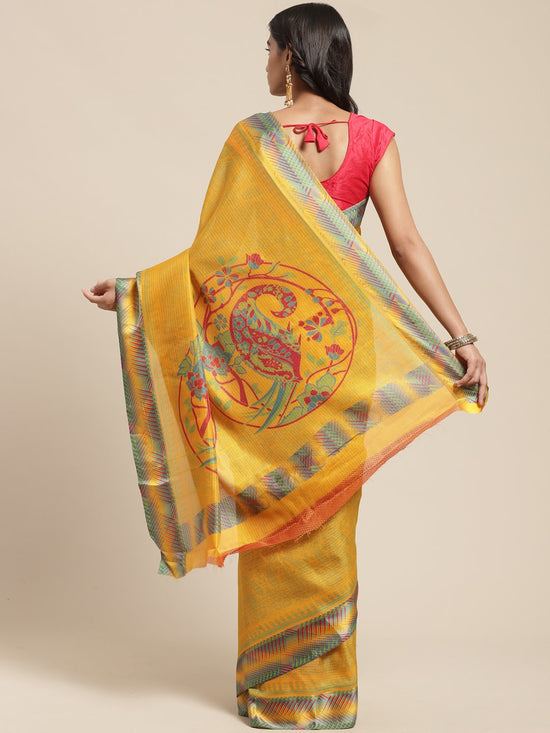 Yellow Printed Cotton Blend Saree