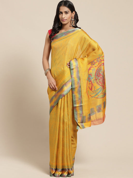 Yellow Printed Cotton Blend Saree