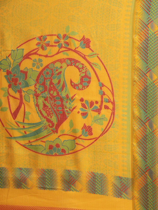 Yellow Printed Cotton Blend Saree