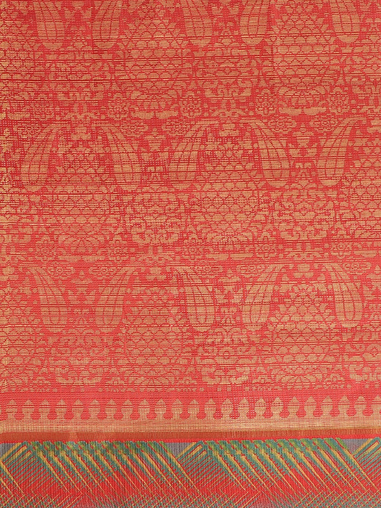 Red Printed Cotton Blend Saree