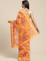 Orange Printed Cotton Blend Saree