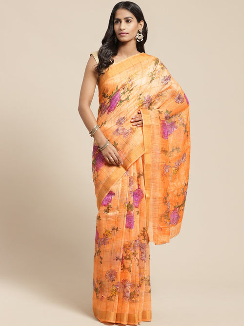 Orange Printed Cotton Blend Saree