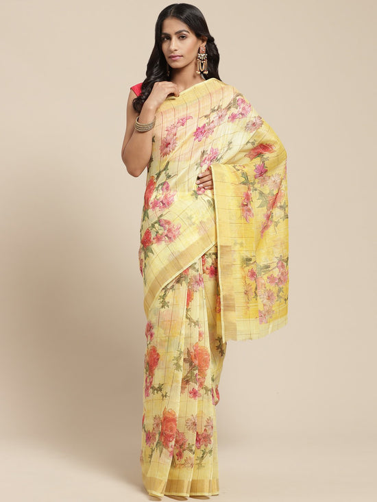 Yellow Printed Cotton Blend Saree