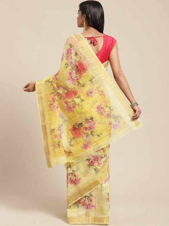 Yellow Printed Cotton Blend Saree