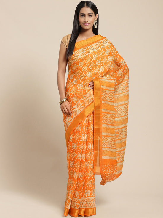 Orange Printed Cotton Blend Saree