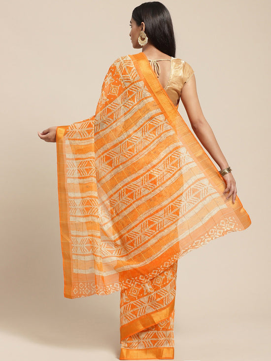 Orange Printed Cotton Blend Saree