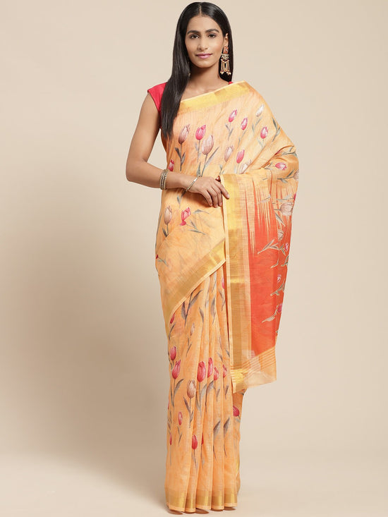 Orange Printed Cotton Blend Saree