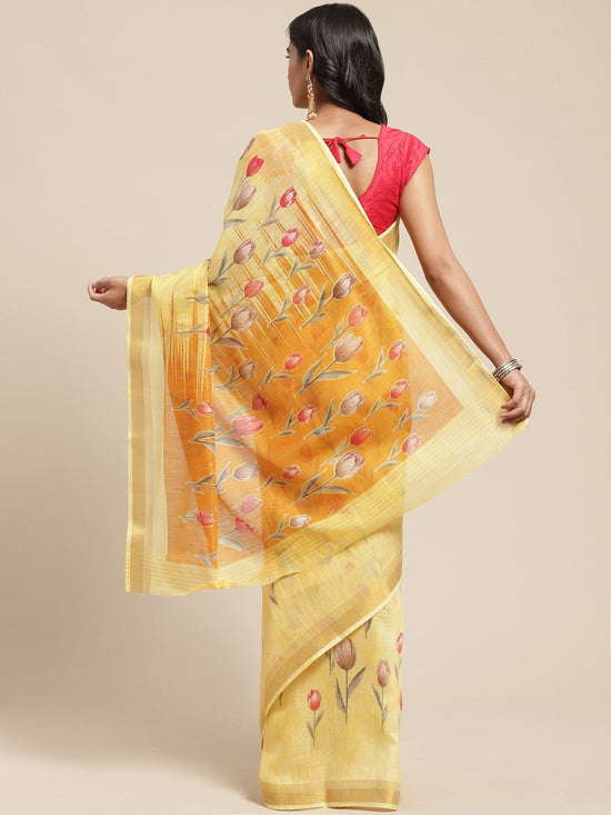 Yellow Printed Cotton Blend Saree