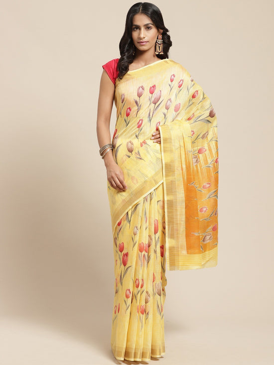 Yellow Printed Cotton Blend Saree