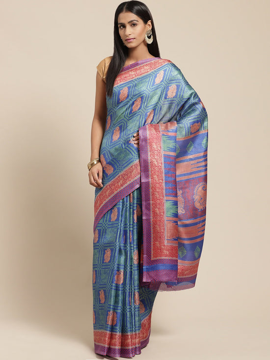 Blue Printed Art Silk Saree