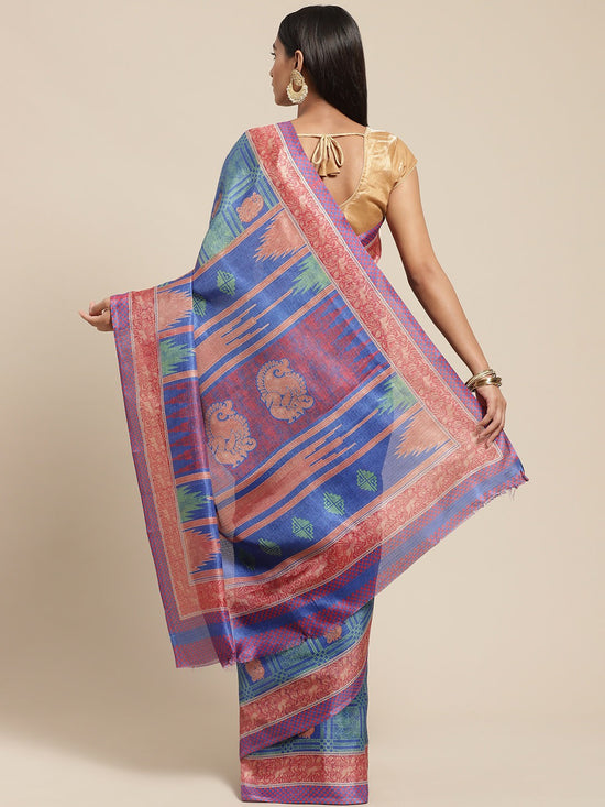 Blue Printed Art Silk Saree