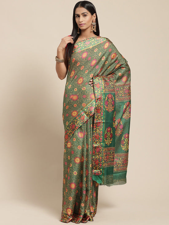 Green Printed Cotton Blend Saree