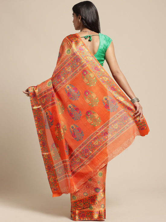 Orange Printed Cotton Blend Saree