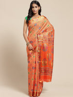 Orange Printed Cotton Blend Saree