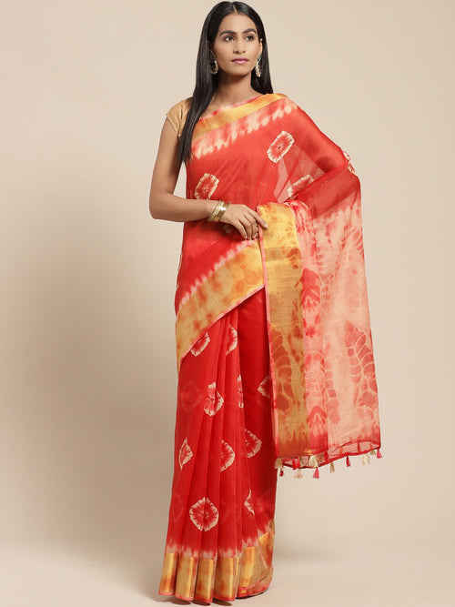 Red Printed Cotton Blend Saree