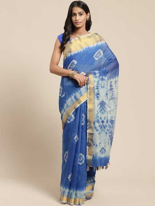 Blue Printed Cotton Blend Saree