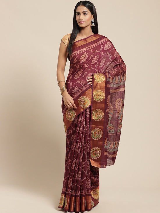 Maroon Printed Cotton Blend Saree