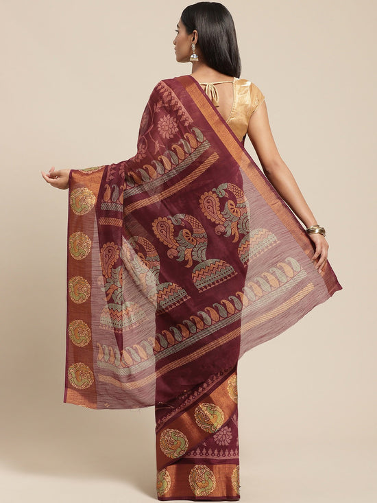 Maroon Printed Cotton Blend Saree