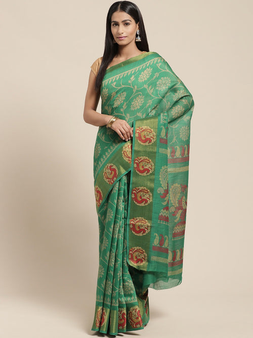 Green Printed Cotton Blend Saree