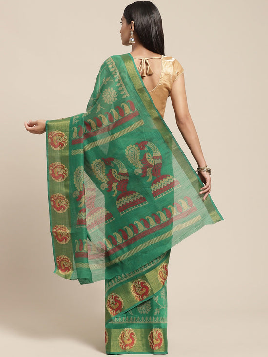 Green Printed Cotton Blend Saree