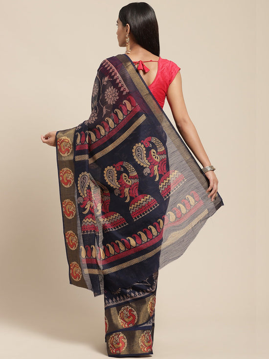 Dark Blue Printed Cotton Blend Saree