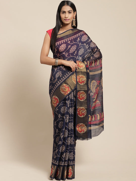 Dark Blue Printed Cotton Blend Saree