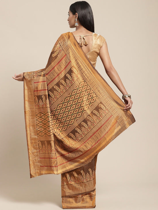 Brown Printed Silk Blend Saree