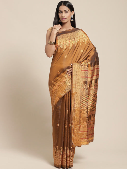 Brown Printed Silk Blend Saree