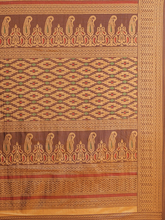 Brown Printed Silk Blend Saree