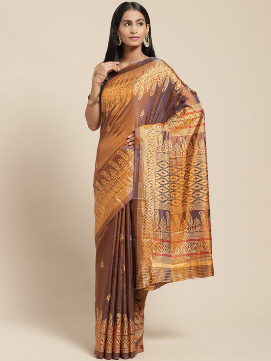 Brown Printed Silk Blend Saree